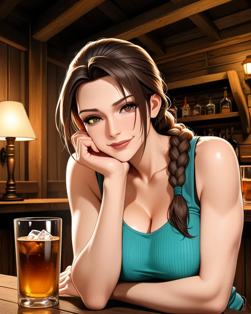 Lara Croft AI art: Lara leaning on a pub table with her braid over one shoulder, smiling, an iced drink beside her